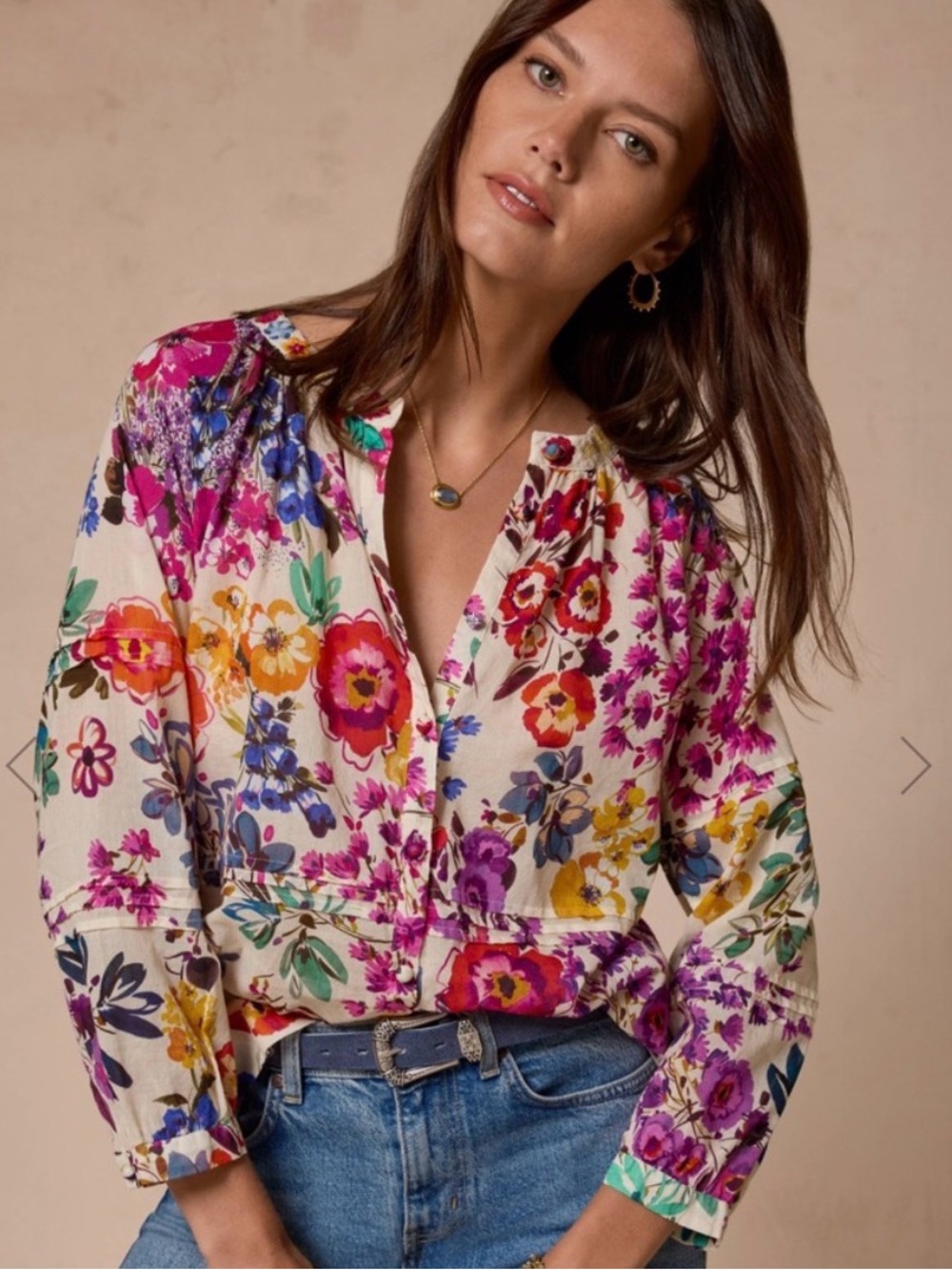 JOHNNY WAS WORKSHOP XS Raglan Pintuck Blouse Evalon Floral